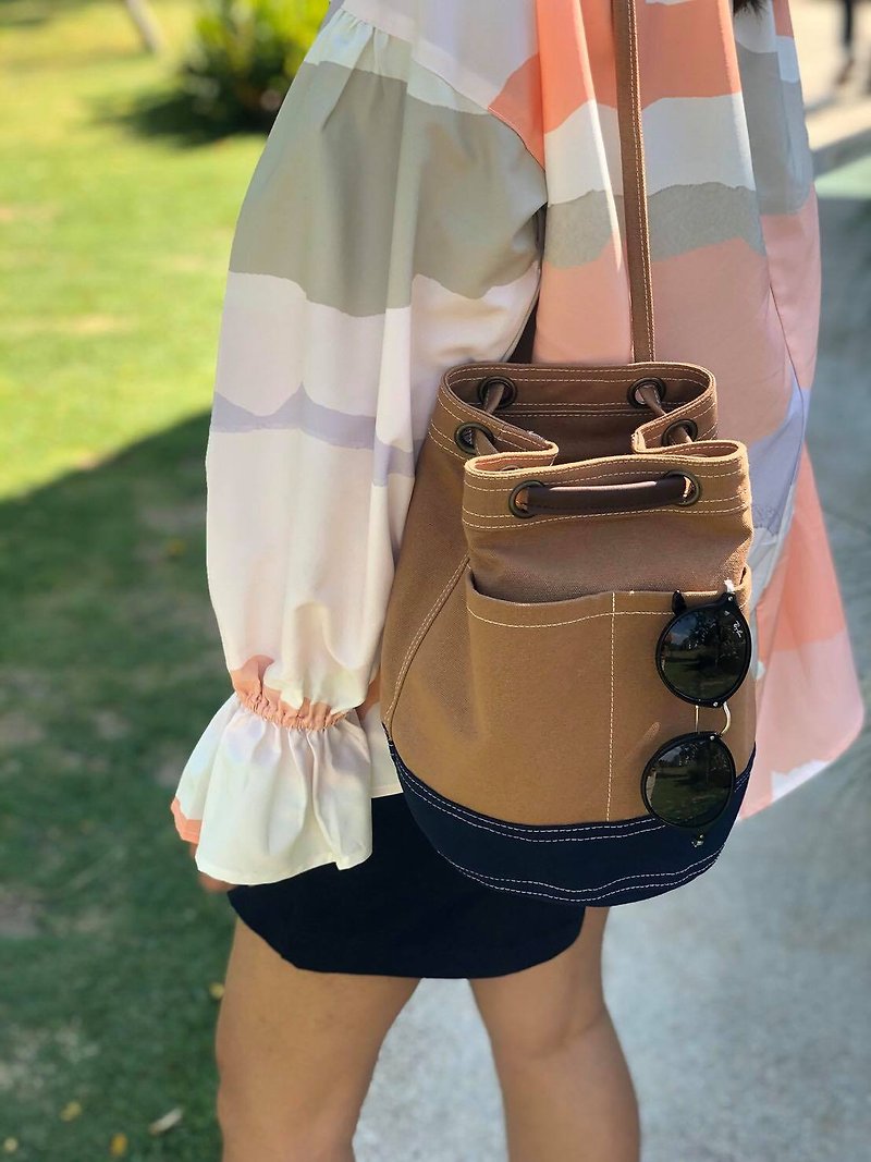 Mini Brown/navy Canvas Bucket Bag with strap /Leather Handles /Daily use - กระเป๋าถือ - ผ้าฝ้าย/ผ้าลินิน สีนำ้ตาล