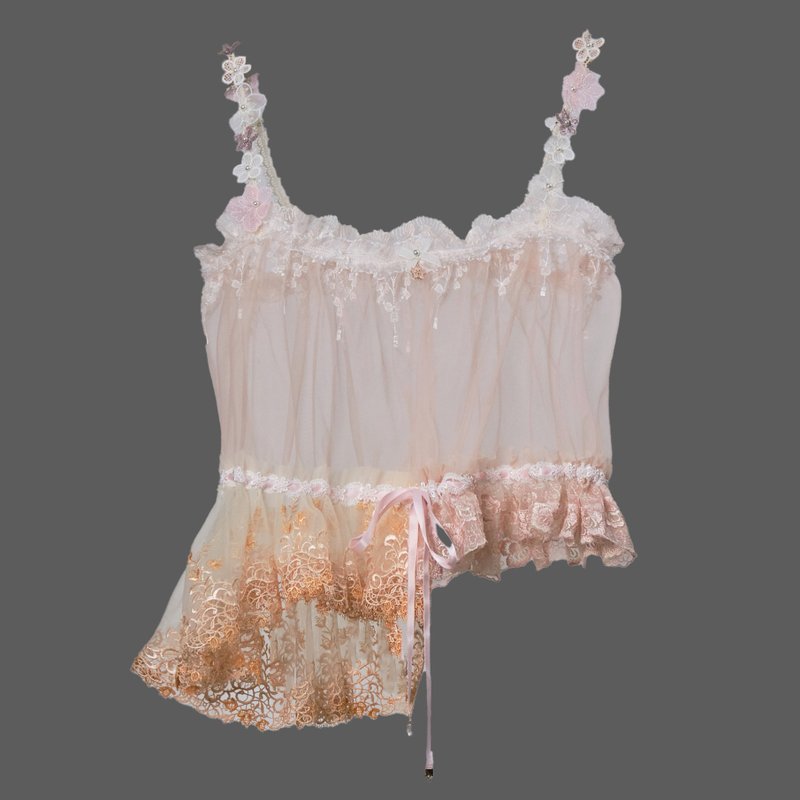 海島午夜蕾絲吊帶上衣 - トップス - その他の素材 ピンク