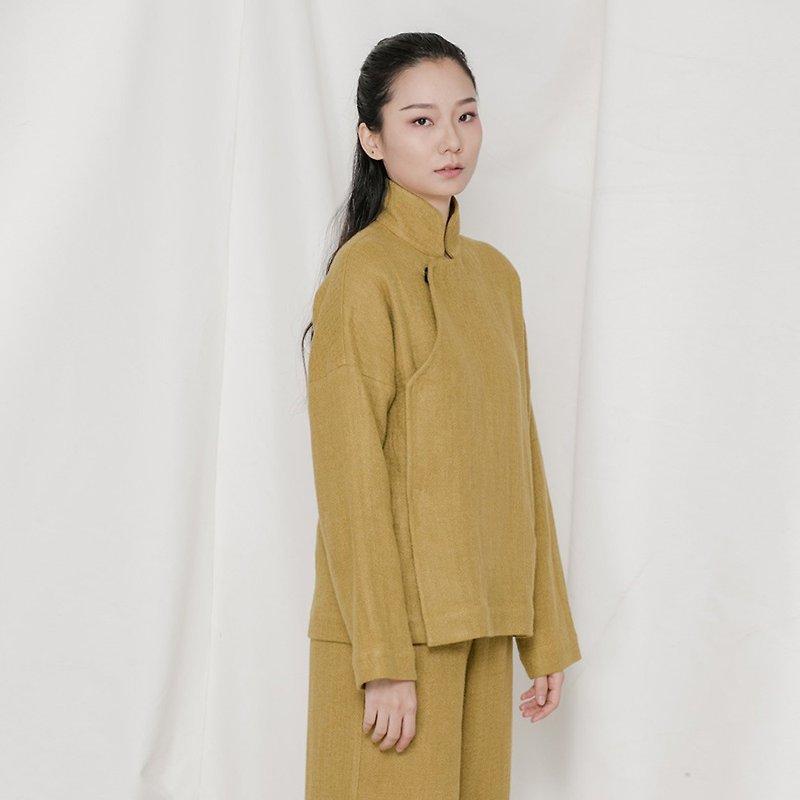 BUFU Chinese style coat/shirt in mustard yellow O171110 - เสื้อแจ็คเก็ต - ผ้าฝ้าย/ผ้าลินิน สีเหลือง