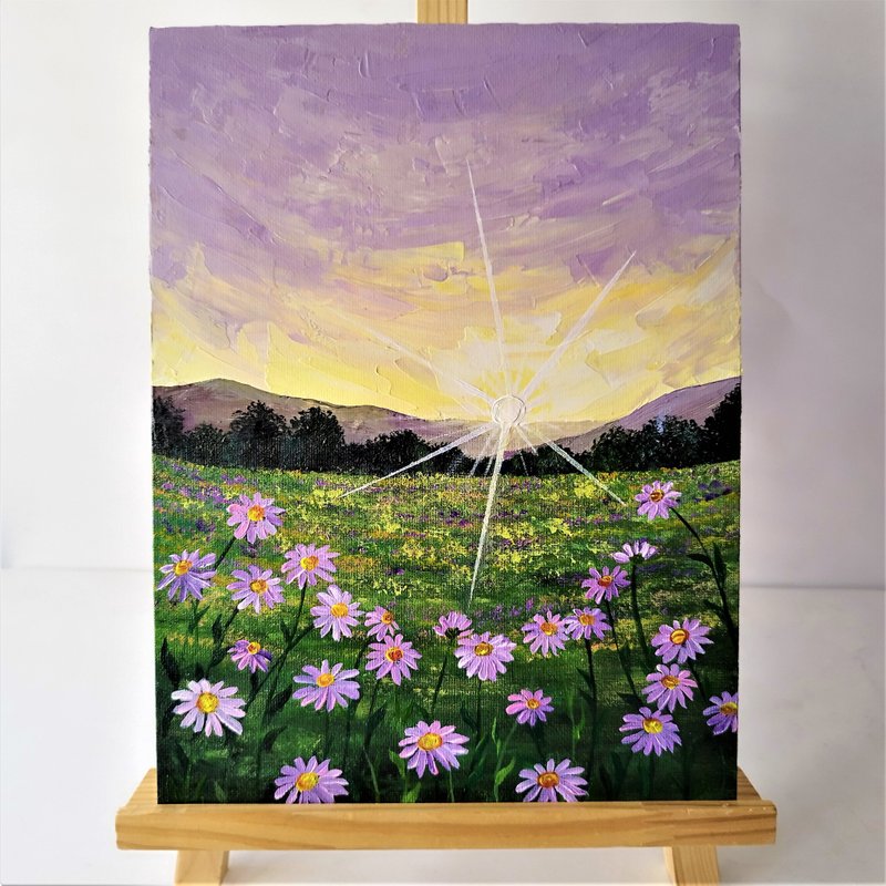 Landscape Acrylic Painting Featuring a Field of Daisies at Sunset Art Wall Decor - 壁貼/牆壁裝飾 - 壓克力 多色