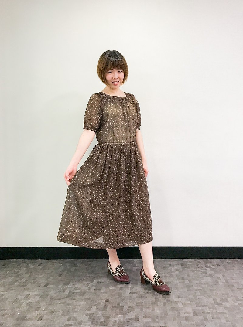 …｛DOTTORI :: DRESS｝Brown Floral Short-Sleeved Dress - One Piece Dresses - Polyester Brown