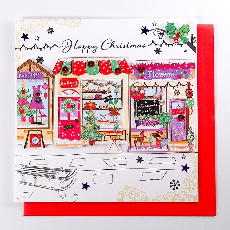 多くの小さなお店が夜にクリスマスカードで輝いている[Ling Design TP-Card Christmas Series] - カード・はがき - 紙 多色