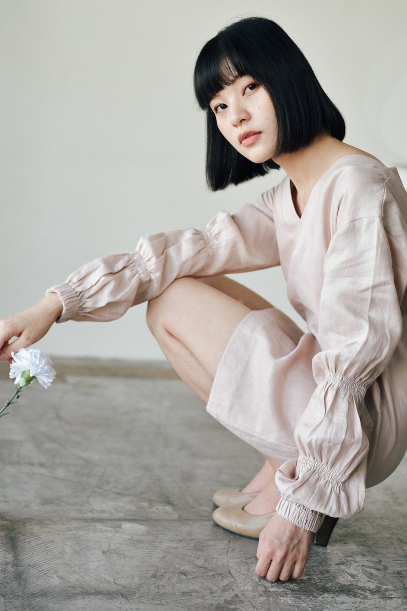 LINEN DRESS LONG SLEEVE PINK COLOR - ชุดเดรส - ผ้าฝ้าย/ผ้าลินิน สึชมพู