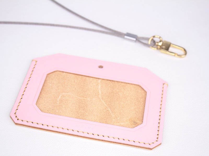 [Macaron] | ID Card Holder Horizontal｜Stainless Steel Lanyard Badge - ID & Badge Holders - Genuine Leather Pink