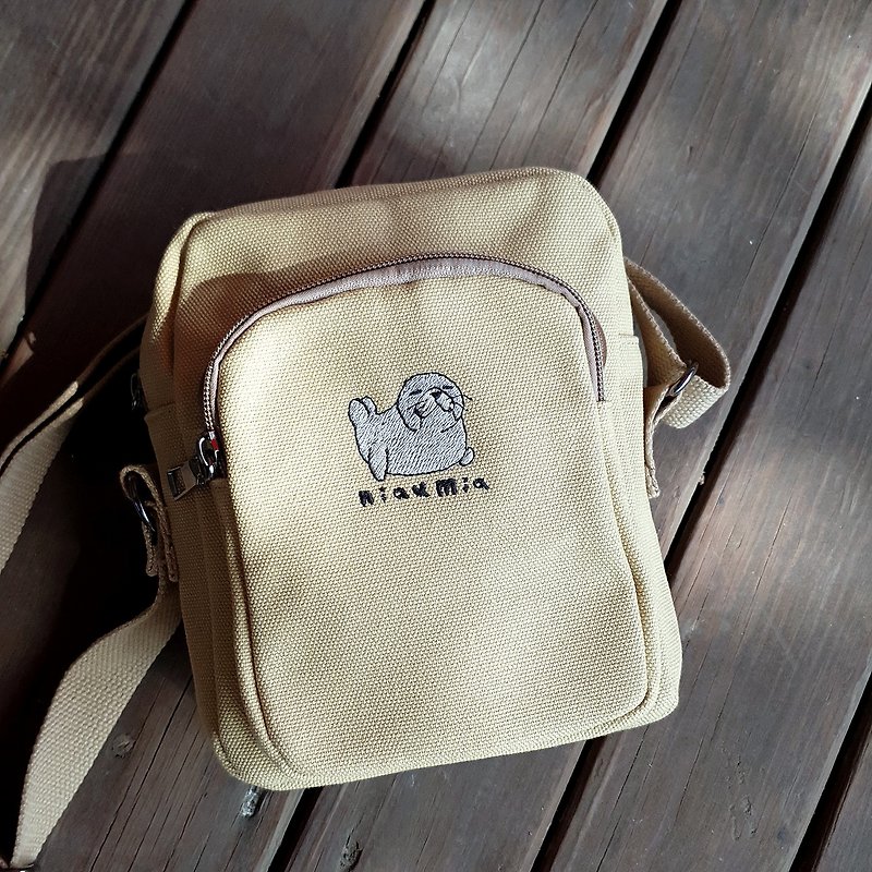 Midi embroidered pattern medium canvas crossbody bag (Khaki) / Leopard Hao Seal - Messenger Bags & Sling Bags - Cotton & Hemp Khaki