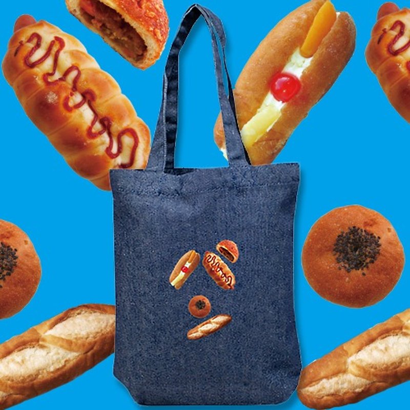 Bread Bread Letters Eco-friendly recycled denim fabric tote bag - Handbags & Totes - Eco-Friendly Materials Blue