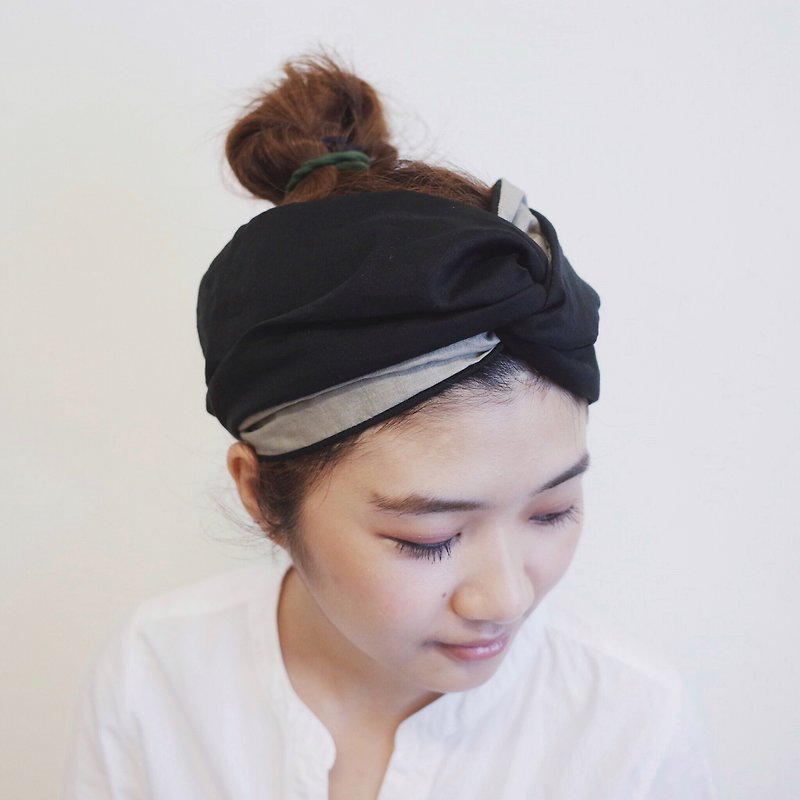 Interwoven towel cap type elastic wide version / handmade hair band - ที่คาดผม - ผ้าฝ้าย/ผ้าลินิน สีดำ