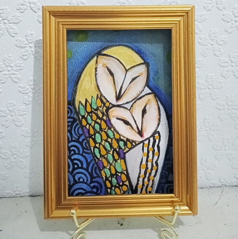 貓頭鷹手繪卡含金色相框 - 相框/畫框 - 紙 多色