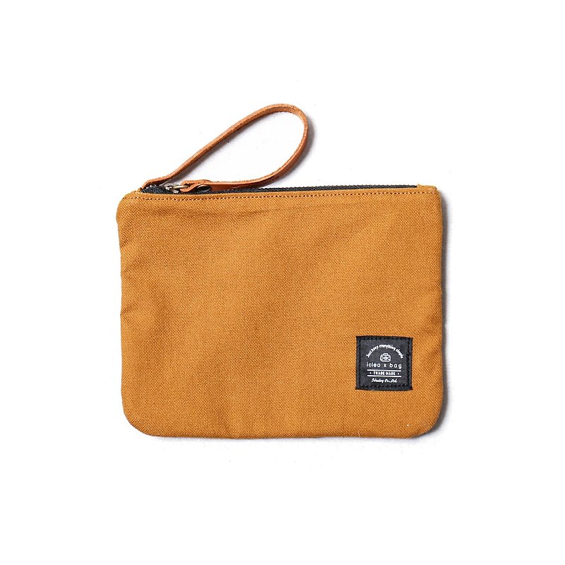 Leather canvas universal small bag cosmetic bag mustard yellow DG43 - ที่ใส่บัตรคล้องคอ - ผ้าฝ้าย/ผ้าลินิน 