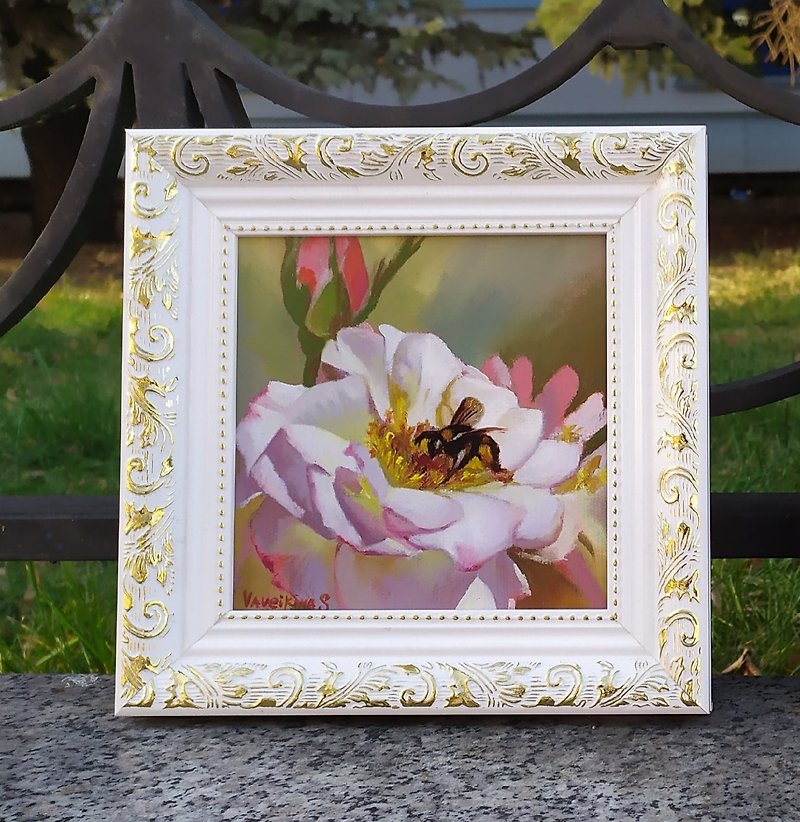 棉．麻 海報/掛畫/掛布 白色 - 白玫瑰畫蜜蜂藝術品花框迷你油畫送給媽媽的禮物