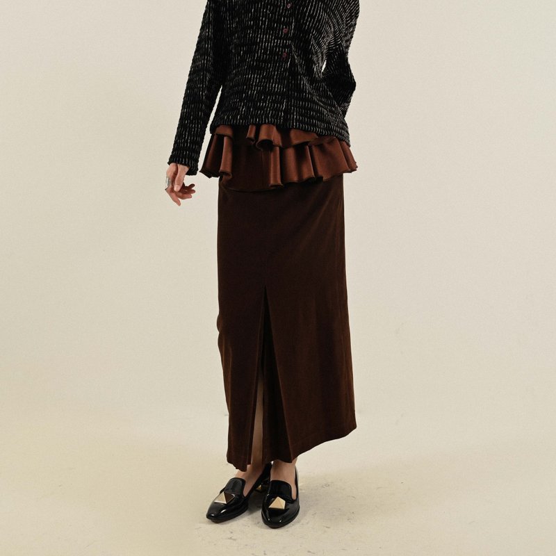 【NaSuBi Vintage】Sleek Slit Velour High-Waisted Vintage Maxi Skirt - Skirts - Other Man-Made Fibers Brown