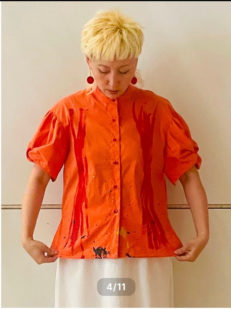 【drip】painted orange shirts - 女襯衫 - 棉．麻 