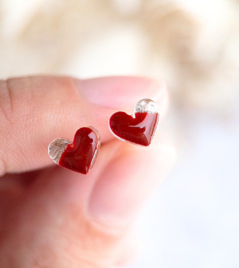 6ミリ 赤 小粒 ハート ピアス イヤリング - 耳環/耳夾/耳骨夾 - 樹脂 紅色