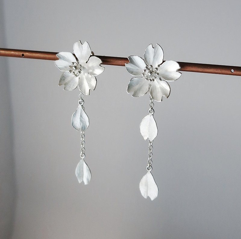 Season-Cherry Blossom-Sakura-Silver Earrings- single petals-dangling style - Earrings & Clip-ons - Sterling Silver Silver