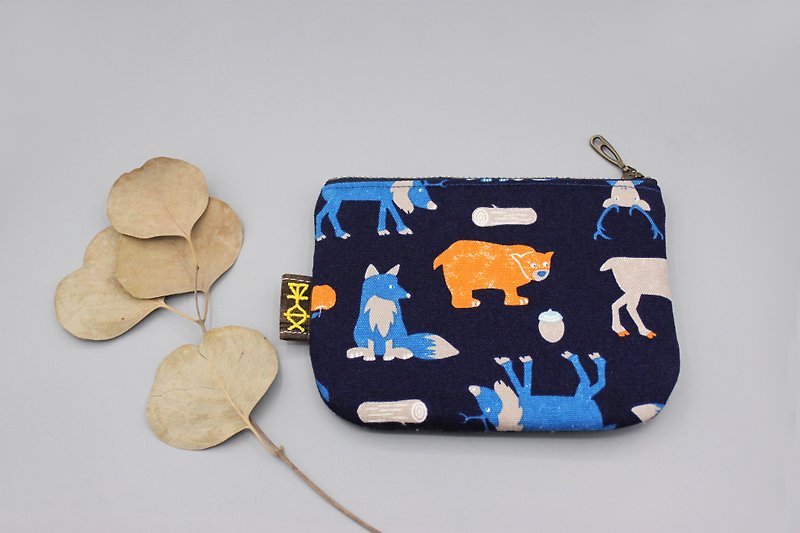 平和な小さな袋 - 動物のクリスマス、（キツネのクマ）両面2色の日本の綿とリネンの小さな財布 - 小銭入れ - コットン・麻 ブルー