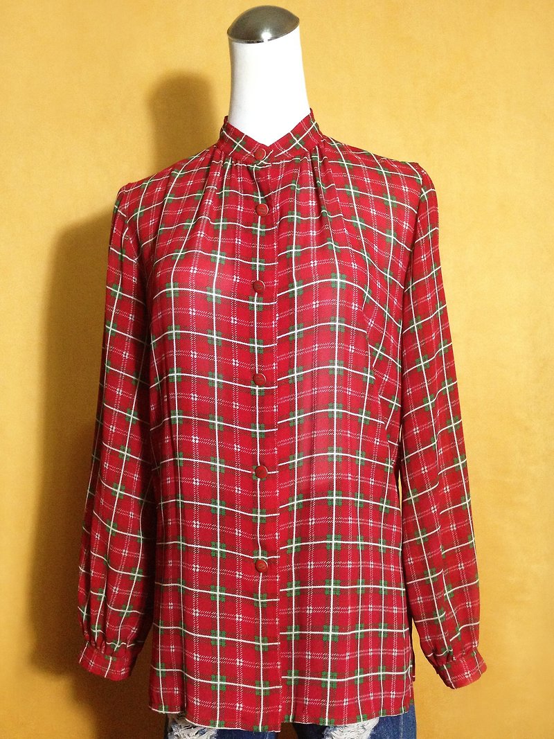Ping-pong vintage [vintage shirt / England chiffon long-sleeved plaid collar vintage shirt] abroad back VINTAGE - เสื้อเชิ้ตผู้หญิง - เส้นใยสังเคราะห์ สีแดง