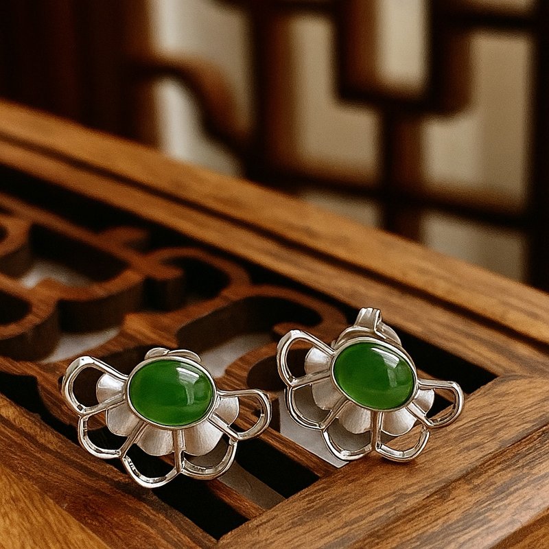 曼舞 玉 耳環 天然碧玉 A貨 5x7mm 925 純銀 母親節 生日 禮物 - 耳環/耳夾/耳骨夾 - 玉石 綠色