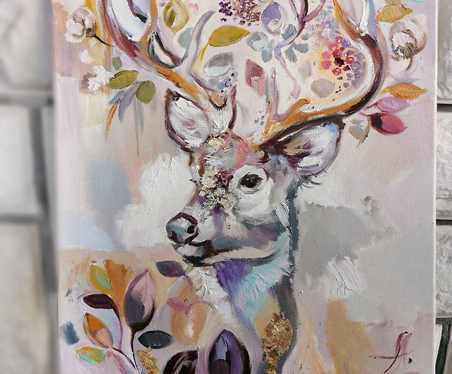 鹿のおとぎ話。オリジナルの油絵2枚セットです。自由奔放に生きる装飾