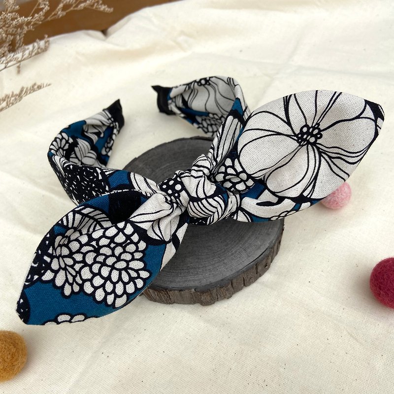 Rabbit ear headband/one hoop for three uses/elegant line flower-blue - Headbands - Cotton & Hemp Multicolor