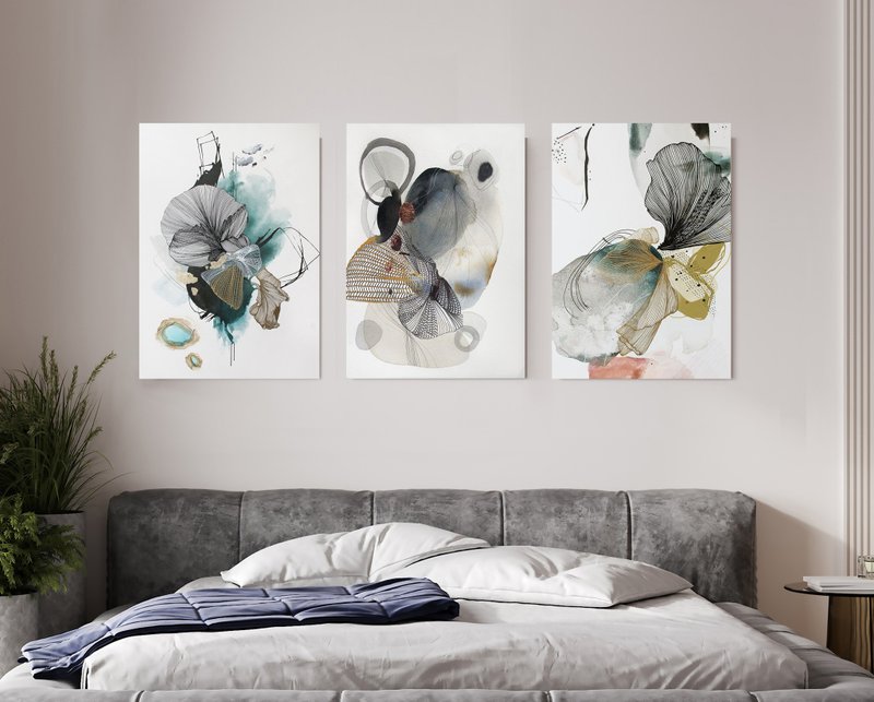 Alcohol ink painting original | Abstract triptych Dancing Forms Concord Set of 3 - 壁貼/牆壁裝飾 - 棉．麻 藍色