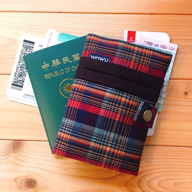 護照套+扣帶 (彩格)  接單生產* - 護照夾/護照套 - 棉．麻 紫色