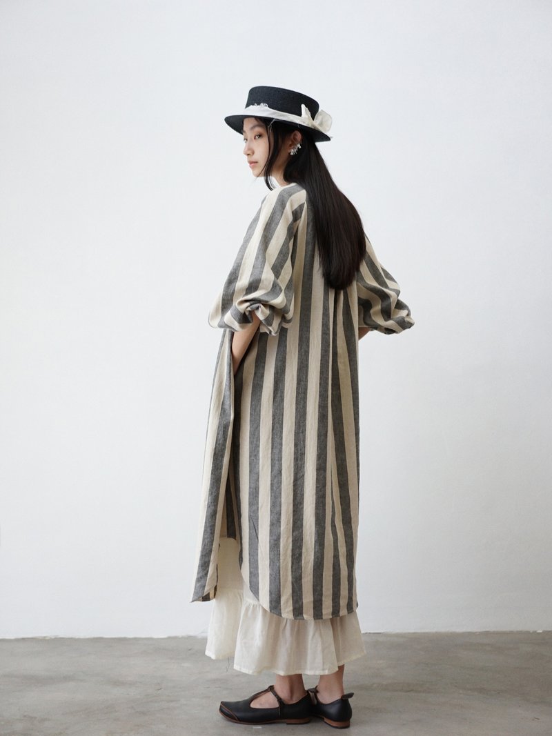 Lantern Sleeve Striped Linen Dress - 洋裝/連身裙 - 棉．麻 灰色