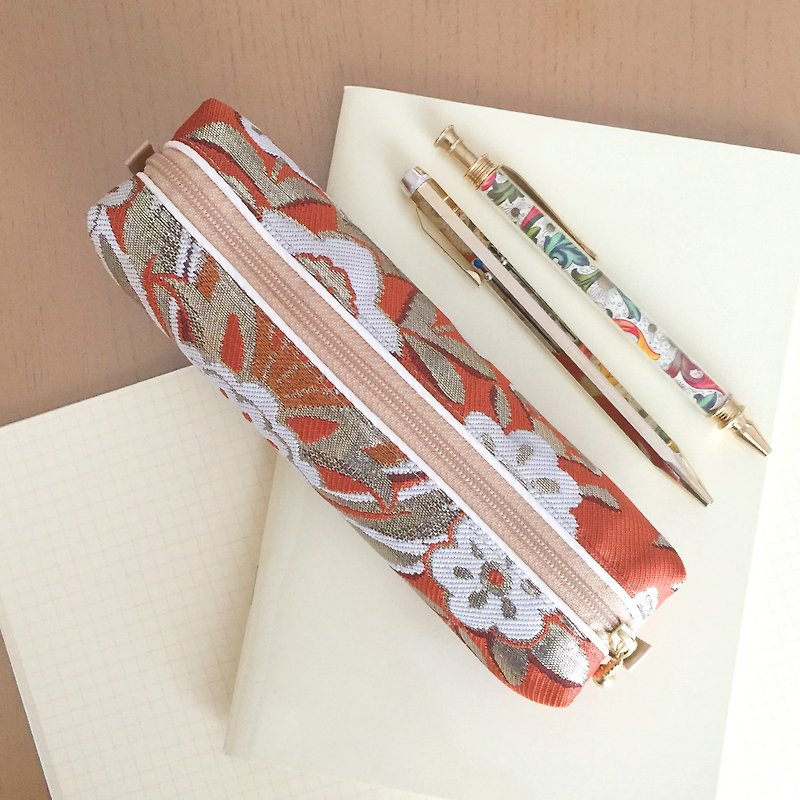 Pen Case with Japanese Traditional Pattern, Kimono "Obi" - กล่องดินสอ/ถุงดินสอ - วัสดุอื่นๆ สีส้ม