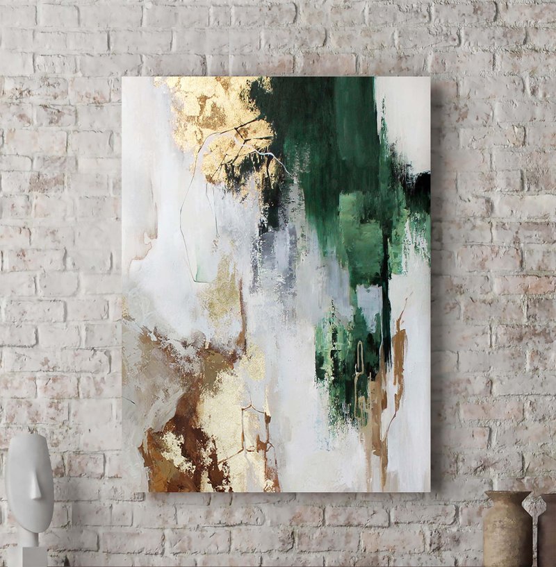 Green, White and Gold Abstract Painting on Canvas Acrylic Abstract Green Flux 3 - 壁貼/牆壁裝飾 - 棉．麻 綠色