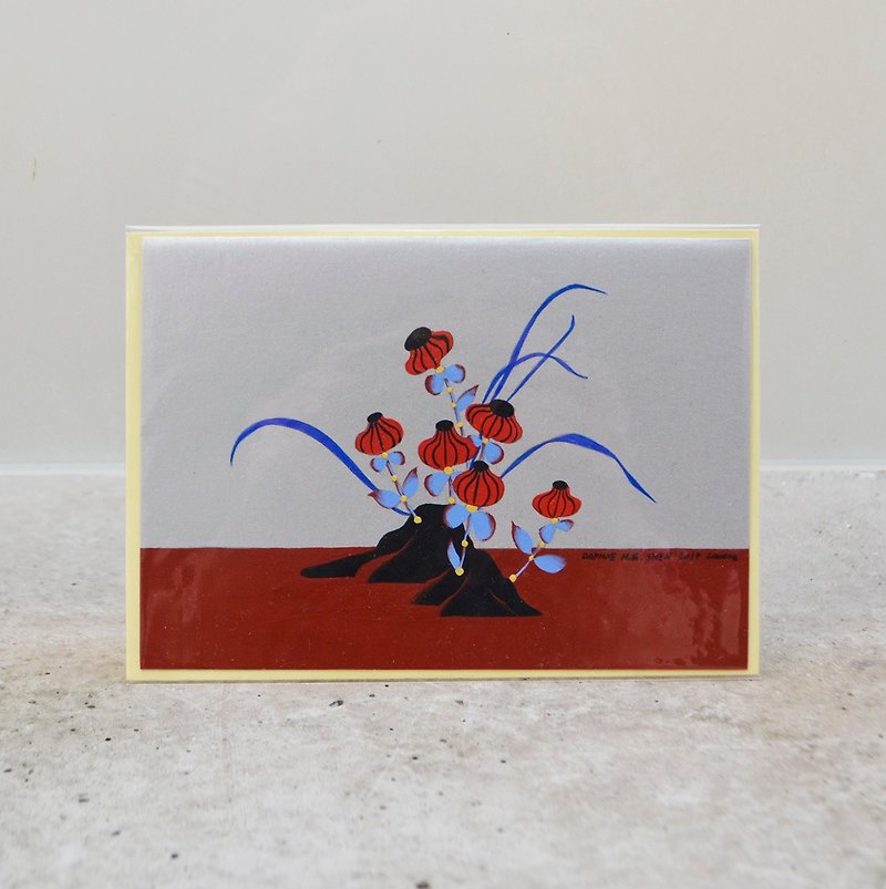 東洋の和風イラスト禅風鉢植えの岩と花の手描き年賀状 - カード・はがき - 紙 グレー