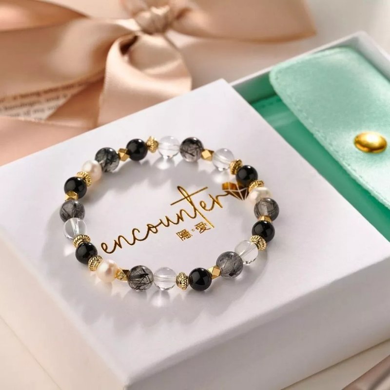 Ready stock gift box packaging [Night in Paris] Black Hair Crystal Black Onyx White Crystal Pearl Bracelet Prosperous Business - สร้อยข้อมือ - คริสตัล สีดำ