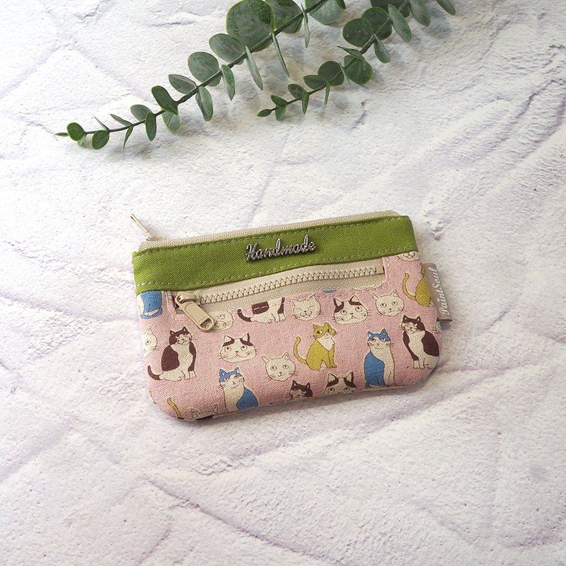 雙層收納零錢包(S)_日系藕色貓咪 - 散紙包 - 棉．麻 粉紅色