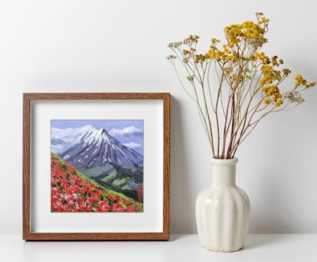 山 絵画 野の花 風景 オリジナルアート 花 畑 フィールドハーブ