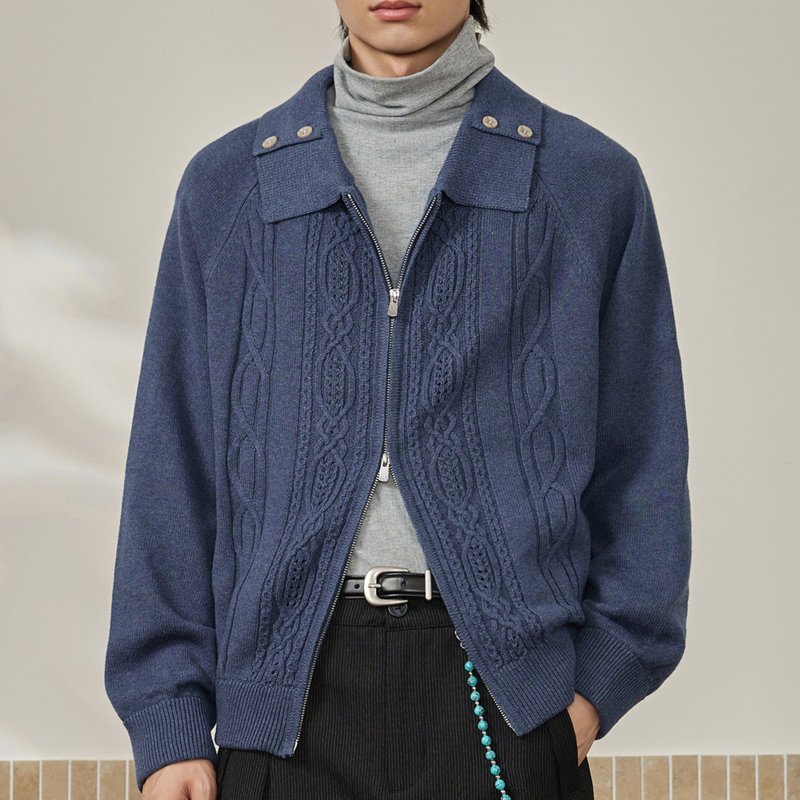 【メリノウール】森系レトロ アラン編み 変形襟 ニットジャケット/リブ襟カーディガン - アウター メンズ - ウール 多色