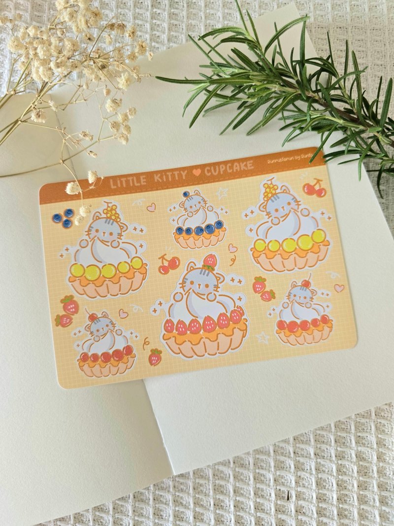 Sticker sheet with a gray tabby cat and fruit cupcake design - Stickers - Paper Multicolor