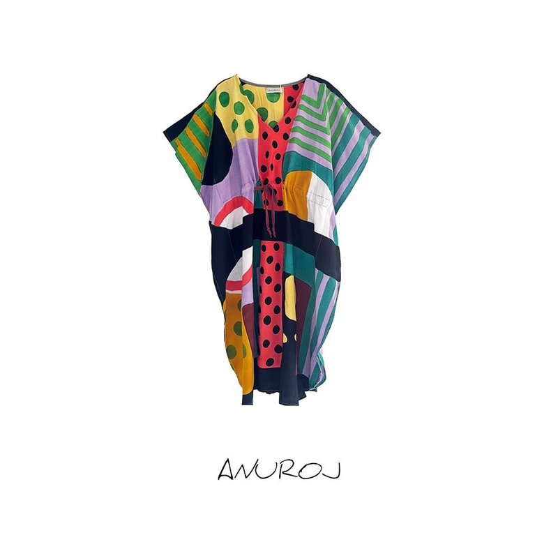 Kaftan Waist Jump Cotton Rayon Hand paint For Summer Beach V - 洋裝/連身裙 - 棉．麻 綠色