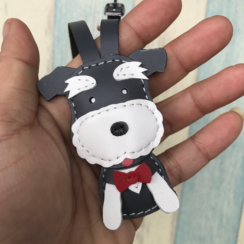 Healing small things dark gray cute Schnauzer hand-stitched leather charm small size - พวงกุญแจ - หนังแท้ สีเทา