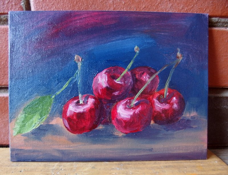 Sweet cherries on the table still life original oil painting handmade 6 x 8 - ตกแต่งผนัง - วัสดุอื่นๆ สีม่วง