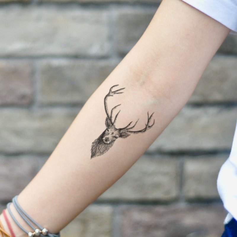 OhMyTat 鹿角公羊頭像 Deer Buck Head 刺青圖案紋身貼紙 (2 張) - 紋身貼紙/刺青貼紙 - 紙 黑色