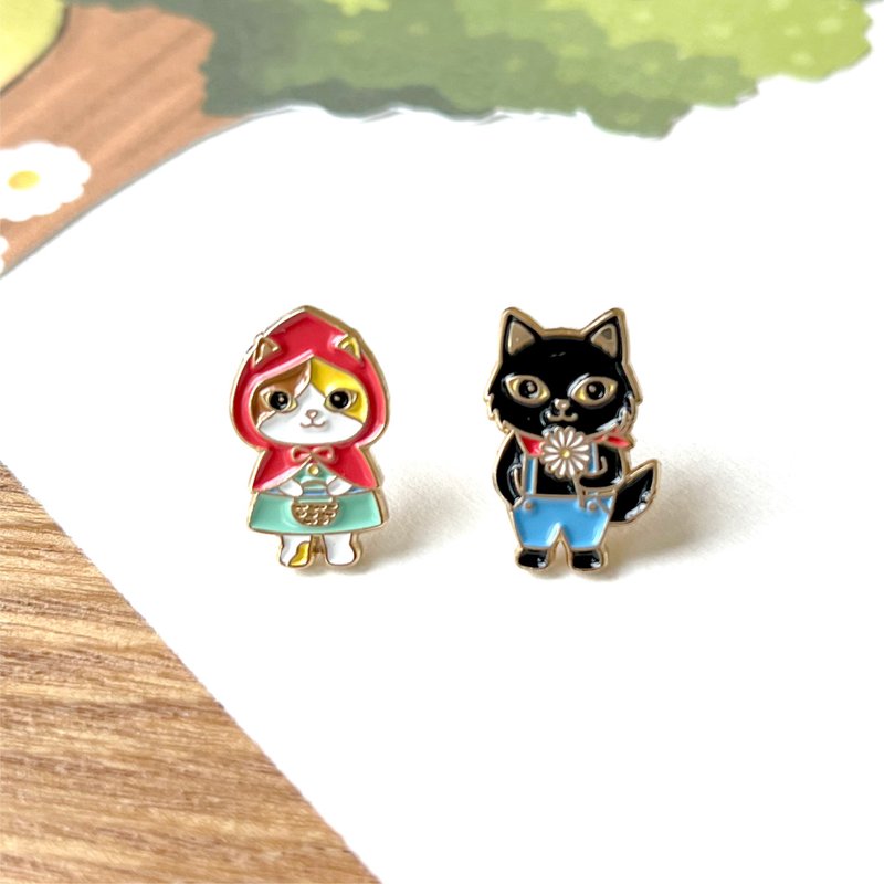 Meow小紅帽與大灰狼貓貓耳環 - 耳環/耳夾/耳骨夾 - 琺瑯 多色