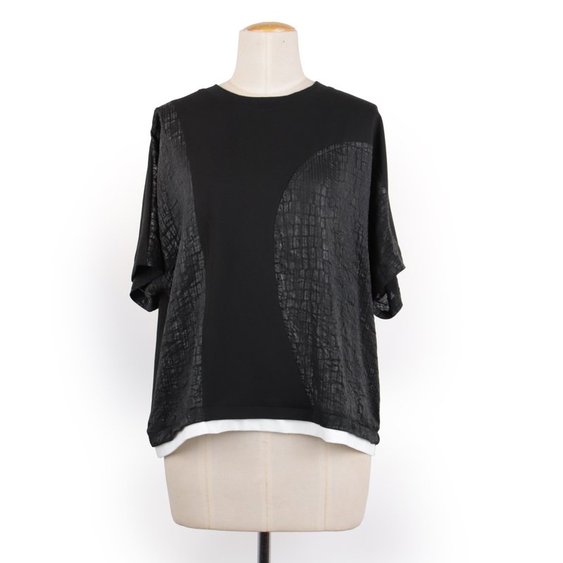 黑 - 閃亮方格布拼接假兩件上衣 #U1176 - 女上衣/長袖上衣 - 棉．麻 黑色