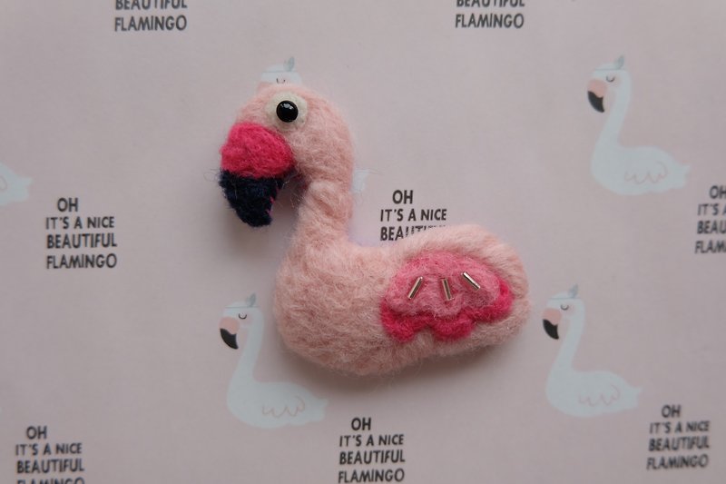 sleeping original handmade pink bird flamingo [flamingo on cactus and pineapple] brooch - Brooches - Wool Pink
