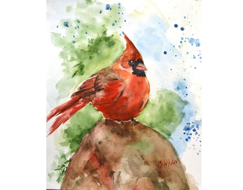 Bird Watercolor Red Cardinal Original Art Bird Wall Art Red Cardinal Painting - 海報/掛畫/掛布 - 環保材質 紅色
