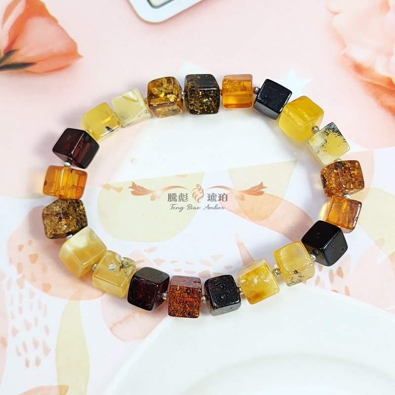 騰彪琥珀 天然琥珀蜜蠟 琥珀多寶色 小巧方磚形 經典單圈 手鍊 - 手鍊/手環 - 半寶石 橘色