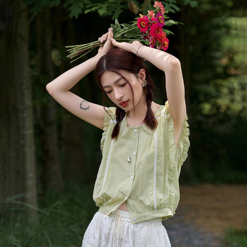 Sleeveless shirt with fungus | shirt | two colors | summer style | Sora-1553 - เสื้อเชิ้ตผู้หญิง - ผ้าฝ้าย/ผ้าลินิน หลากหลายสี