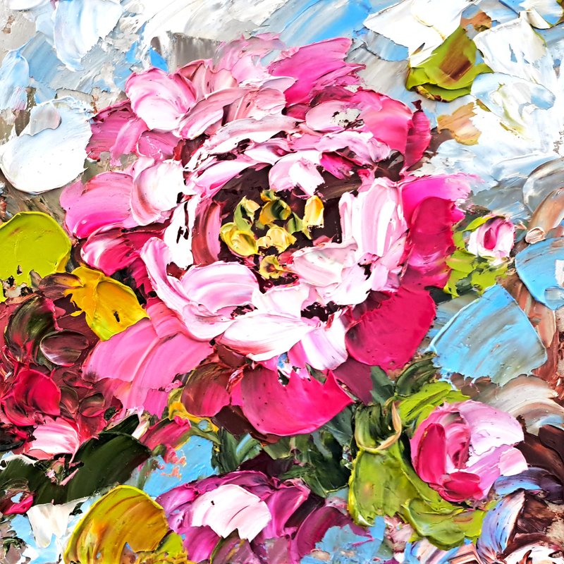 Peony Painting Impasto Original Art Floral Oil Painting Peonies Flowers Artwork - 海報/掛畫/掛布 - 其他材質 多色