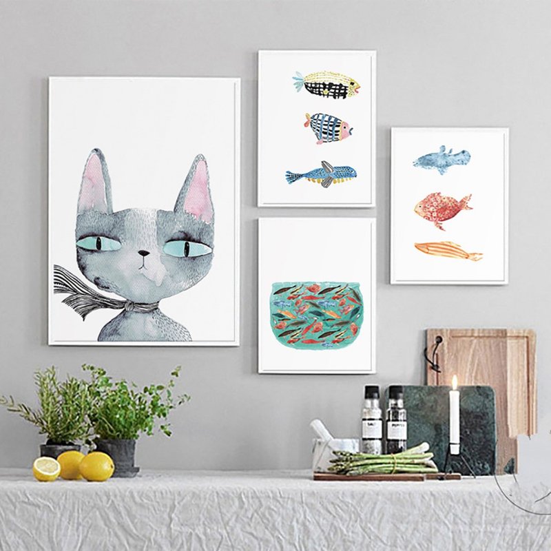 Cat and Fish_Hanging Picture_Animal Series_Made in Taiwan and shipped quickly within two working days - โปสเตอร์ - ผ้าฝ้าย/ผ้าลินิน หลากหลายสี