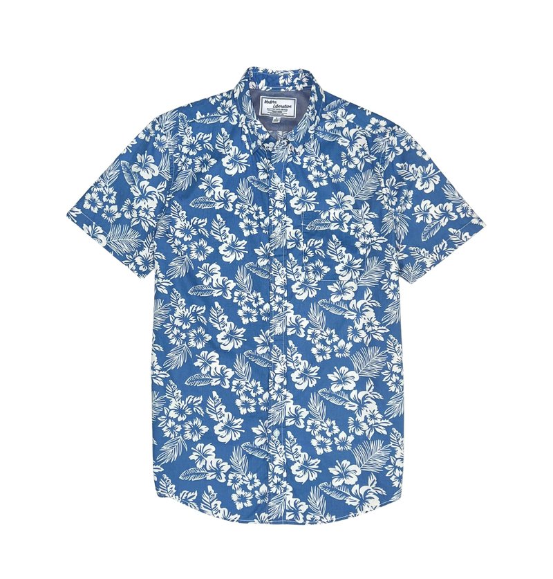 Men's Hibiscus Print Shirt 扶桑花襯衫 - 藍色 - 男襯衫/休閒襯衫 - 棉．麻 白色