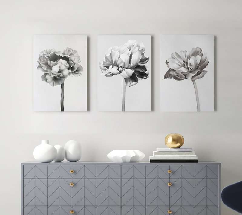Peony Painting | Large Flower Painting | Set of 3 Black and White Peonies - 壁貼/牆壁裝飾 - 棉．麻 黑色
