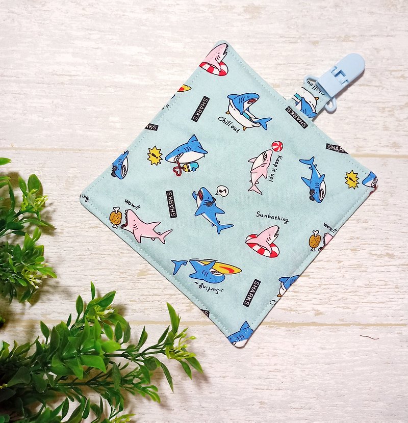 Pure cotton sandwiched with two layers - four layers of yarn/children's handkerchief/handkerchief holder/hand towel/small square towel-Summer Shark - ผ้าเช็ดหน้า - ผ้าฝ้าย/ผ้าลินิน สีน้ำเงิน