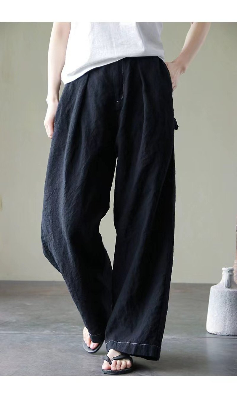 Black Linen Loose Vintage Straight Leg Wide Leg Pants - Women's Pants - Cotton & Hemp 